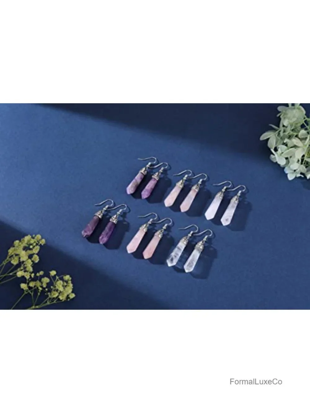Healing Crystal Dangle Earrings Set for Women - Natural Amethyst Rose Quartz